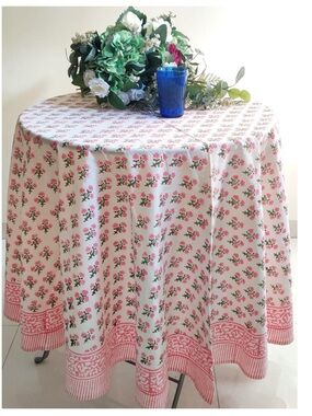 ‘Grand Millenial Home Decor’ Tablecloth 100% Cotton - PINK & WHITE FLORAL